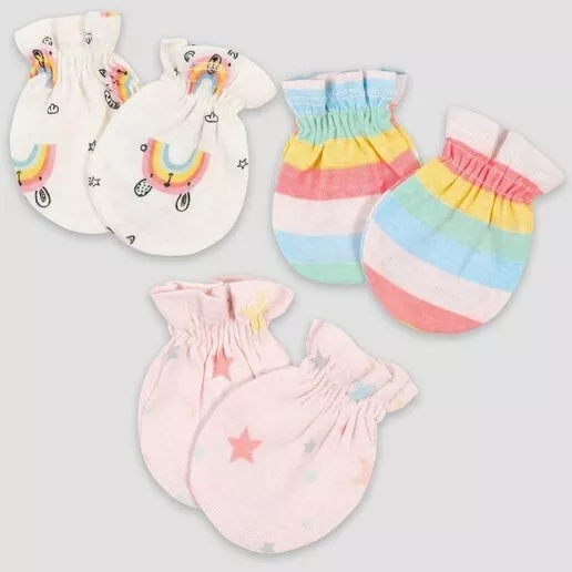 Gerber Baby Girls' 3pk Rainbow Mittens NWT 0-3 MONTH  10000000050