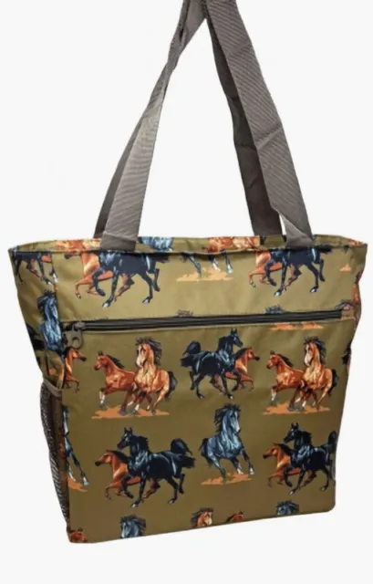 Jaycee Horse & Western Womens Ladies Horse Print Shopper Beach Tote Bag Brown