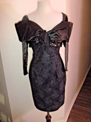 Vintage 80's Scott McClintock 2 pc Black Lace Satin Dress & Bolero Top sz 6 XS/S