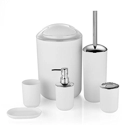 Zuvo Bathroom Accessories Set 6 Piece - Trash Can, Toothbrush Holder, White