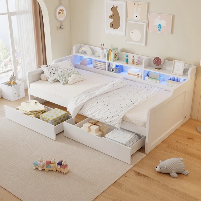Led Frame Lights Loading DAY BED SINGLE 3ft White Bed Frame with LED Lights Storage Drawers ...