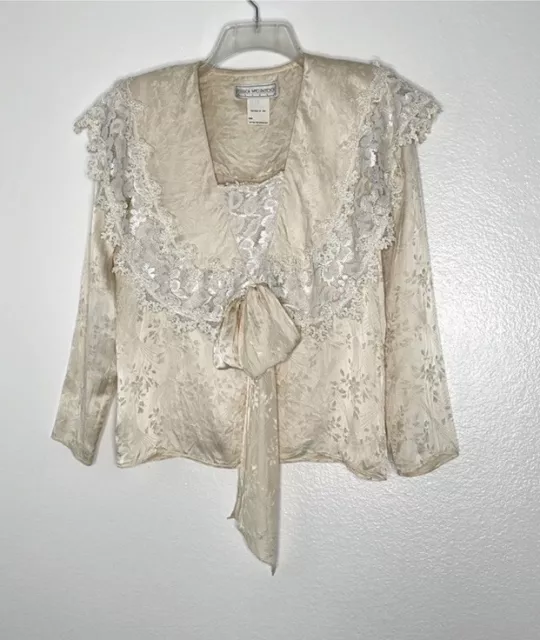 Vintage Jessica McClintock 100% Silk Long Sleeve Beige Victorian Blouse Medium