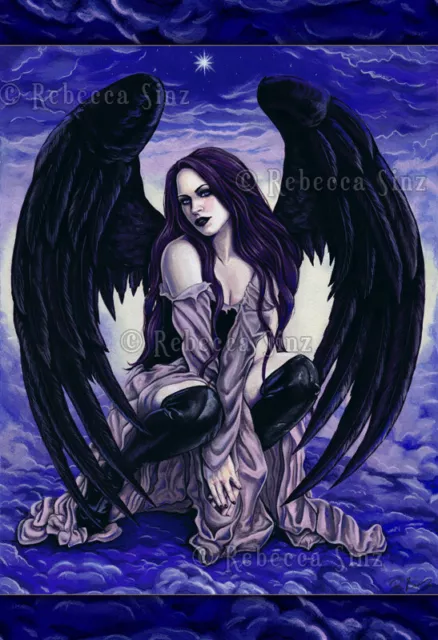 Fantasy Art Gothic Angel PRINT Black Wings Sexy Clouds Blue Purple Sky