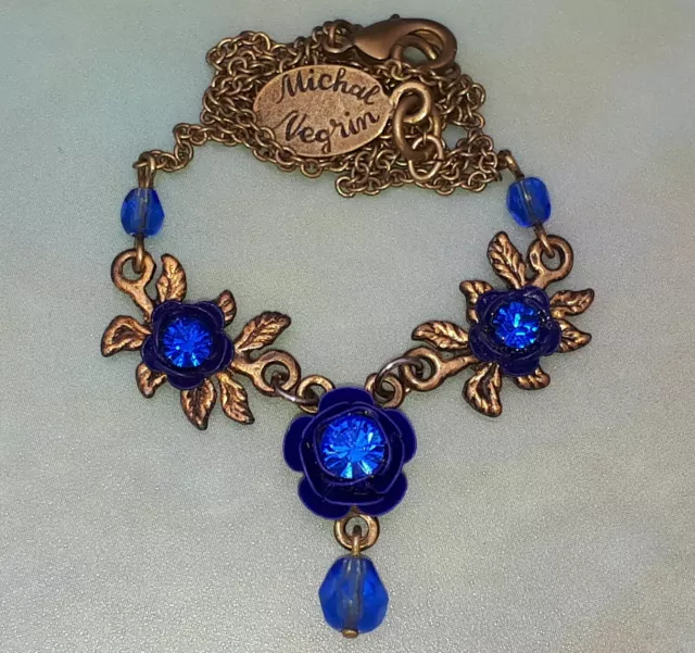 Michal Negrin Necklace 3 Blue Roses w/ Swarovski Crystals Handmade Floral Beaded