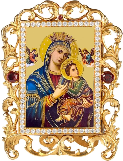 OUR LADY PERPETUAL Help Orthodox Gold Tone Vine Rhinestone Framed Icon ...