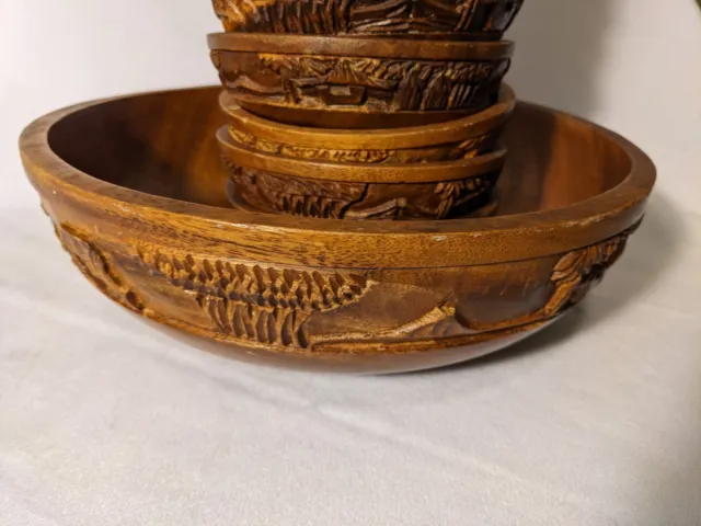 Vintage Wooden Hand Carved Salad Serving Round Bowls Set of 9 Elephant Oriental