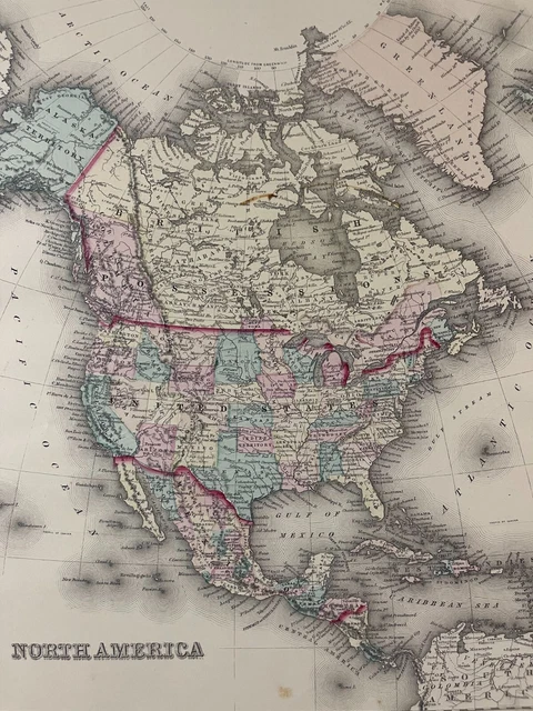 1870s OW Gray Hand Colored Atlas Map North America United States Canada