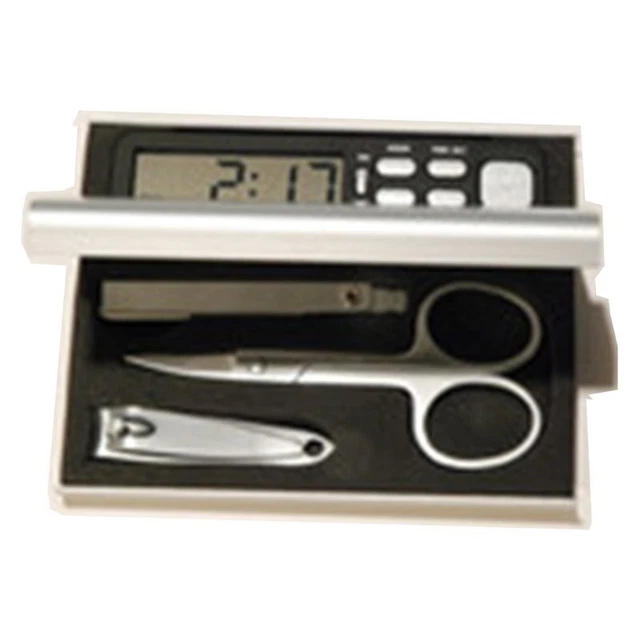 Jiallo Stainless Steel Manicure Travel Set with Alarm Clock in Silver/Black