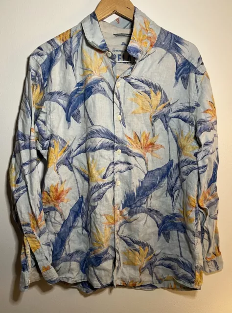 Tommy Bahama Relax Linen Hawaiian Shirt Floral Long Sleeve Button Up Size Large