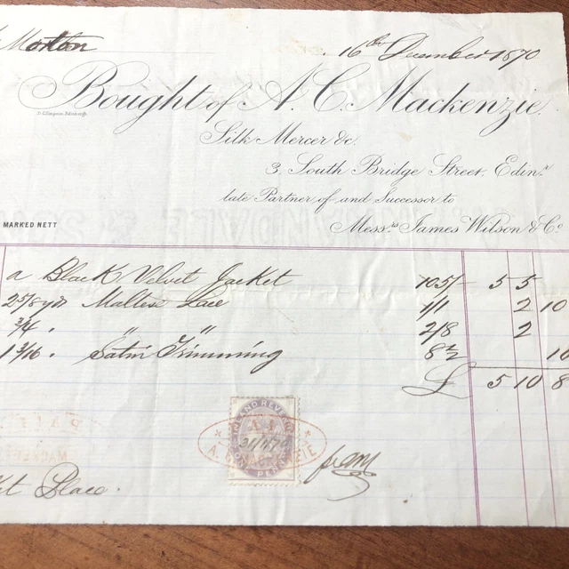 1870 A.C Mackenzie Silk Mercer, Edinburgh ANTIQUE RECEIPT, 3 South Bridge Street
