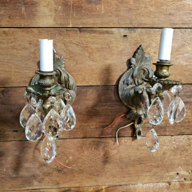 Pair Antique Brass & CRYSTAL PRISM Wall Sconce Lamps Fixtures Lights