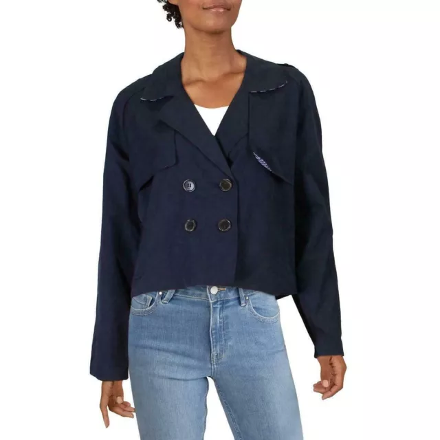 Maison Jules Women's Cropped Trench Jacket Double Breasted Navy Blue Size S NWT