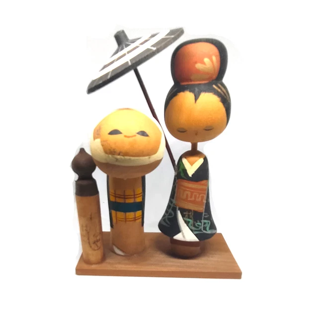A couple Kokeshi #2 Japanese  small  Wooden Happiness Lucky Charm vintage  Doll