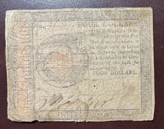 1779 Colonial Currency Four Dollars Continental #57691