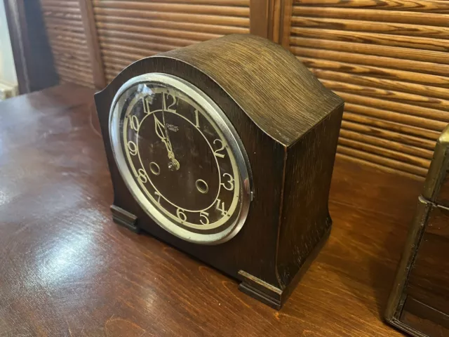 Small Art Deco Smiths Oak Striking Mantle Clock In Full Working Order 2
