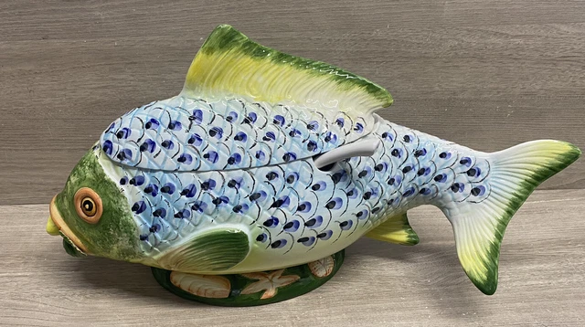 22” Vintage Italian Majolica Fish Soup Tureen Hand Painted Italy #26/372 Rare