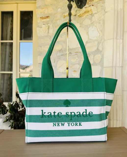 Kate Spade Jett Large Tote Green Bean Time Stripe Embroidered Logo NWT Authentic