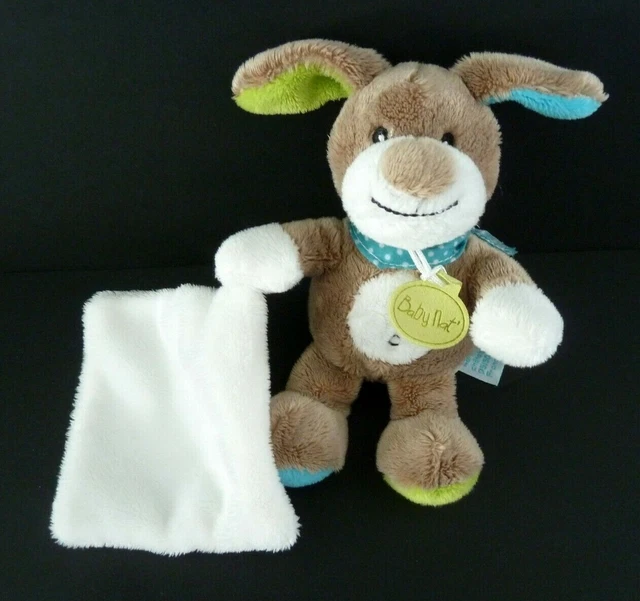 96. DOUDOU BABY NAT CHIEN MOUCHOIR BLANC BLEU VERT MARRON BEIGE 17c NEUF*