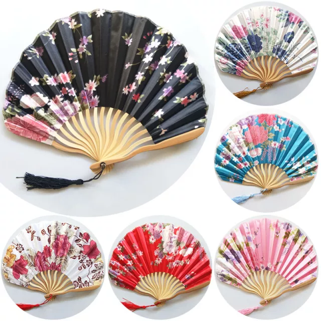 Retro Folding Fan Chinese Japanese Flower Print Silk Bamboo Hand Held Dance Fans