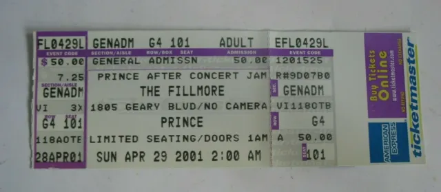 RARE PRINCE April 2001 After the Concert Jam Unused Concert Ticket The Fillmore