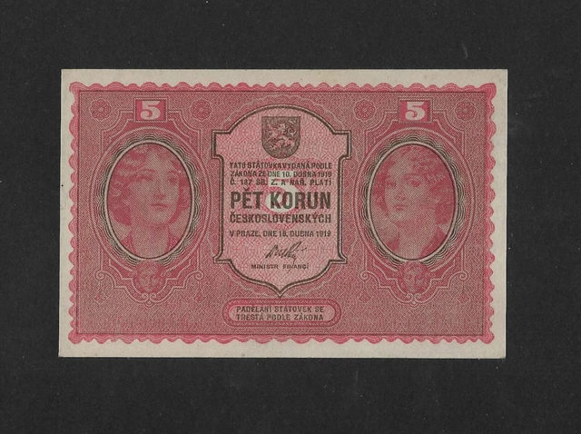 UNC regular edition not perforated 5 korun 1919 CZECHOSLOVAKIA