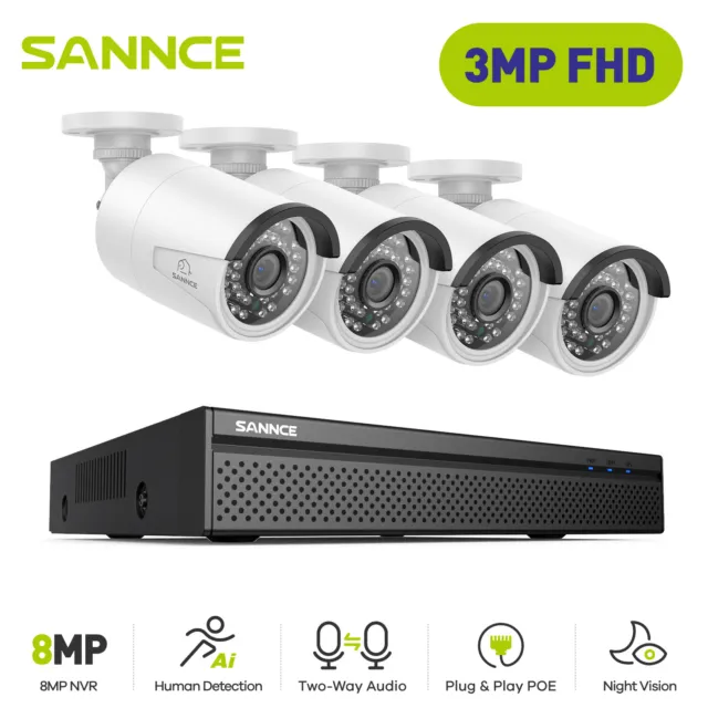 SANNCE 8CH 8MP 4K NVR 3MP Video PoE Outdoor Security Camera System IP Network AI