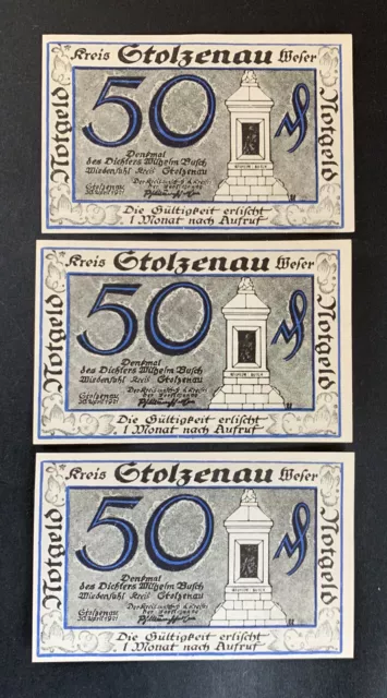 Notgeld Kreis Stolzenau Weser 30.April 1921, 3 x Wilhelm Busch