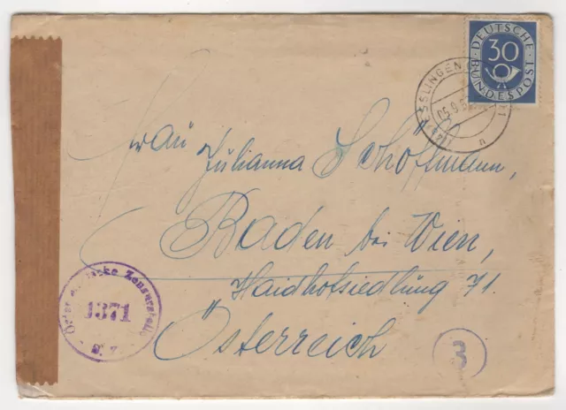 1952 Sep 5th. Censor Cover (Entire). Esslingen to Baden, Austria.