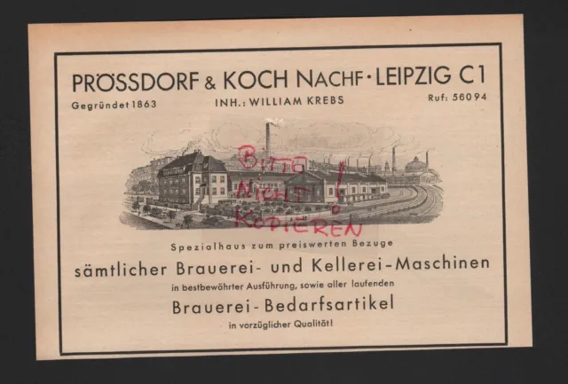 LEIPZIG, Werbung 1935, Prössdorf & Koch Nachf. Brauerei-Kellerei-Maschinen