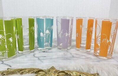 Vintage Palm Fan Glass Tumblers GLASSES TropicaL Mid Century Modern ColorfuL - 6