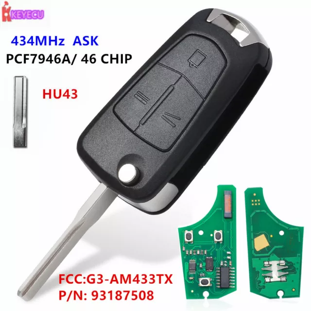 3Tasten Funkschlüssel 434MHz PCF7946 HU43 für OPEL Vectra C Signum BJ 2003-2007