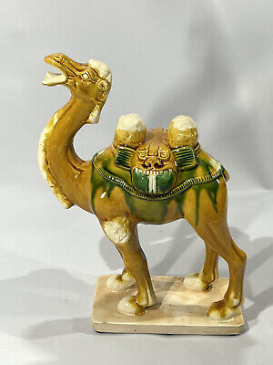 Chinese Antique Sancai Majolica Egg and Spinach Glaze Camel Figurine