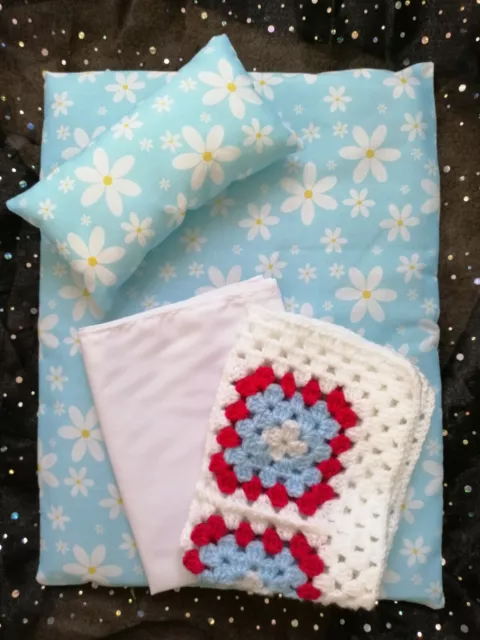 Dolls Pram Blanket and Pillow 4 piece bedding set Quilt/Duvet - Pale Blue