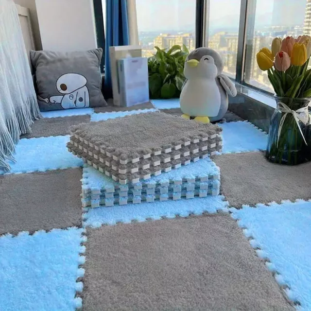 12pcs Thick Plush Foam Interlocking Puzzle Floor Mat Carpet Tiles - Anti-Slip