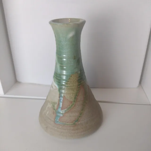 Vintage Studio Pottery Vase Art Drip Glaze MCM Green Beige Handmade Ceramic 7"