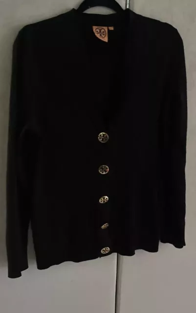 Tory Burch Women’s Black  Merino Wool Knit Button Up Cardigan Sweater Top Size L