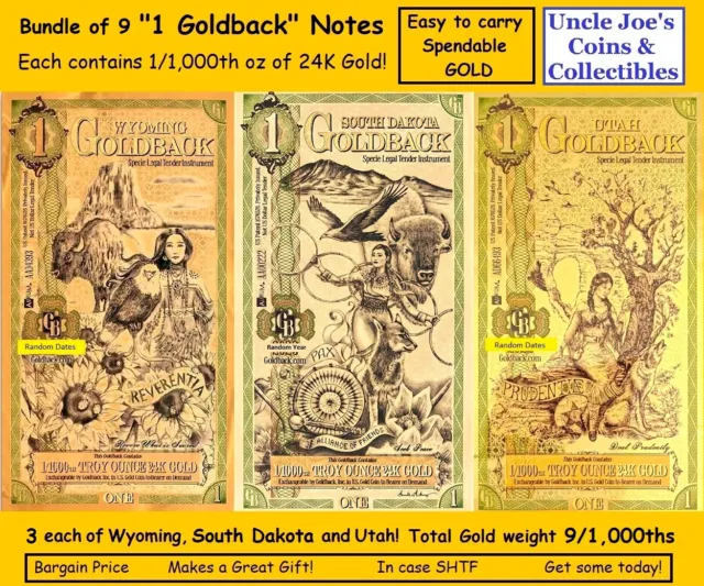 Nine "1 Goldback Notes" WY, SD, UT Each is 1/1000th 24K Gold! Trade Spend Save