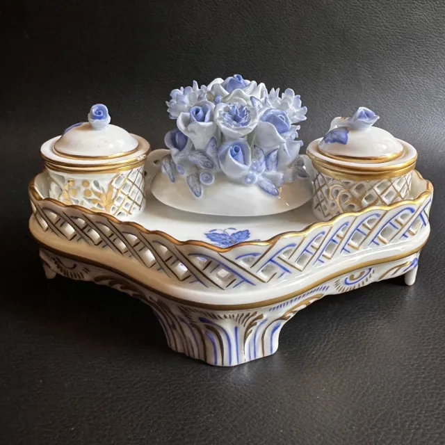 Vintage Herend Chinese Blue Flower Porcelain Double Inkwell Made In Hungary