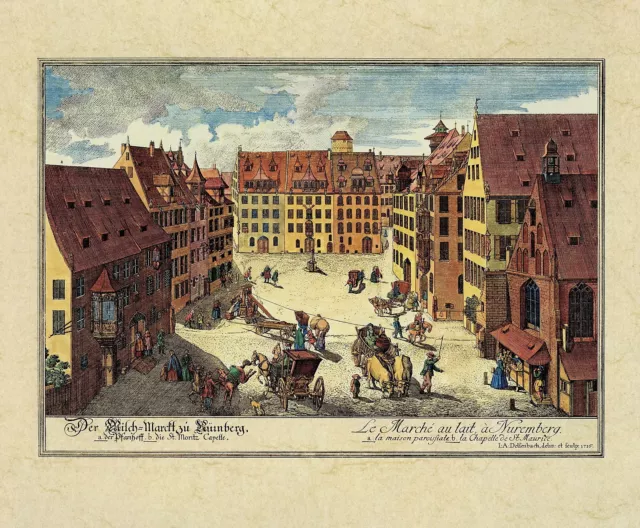 Druck colorierter Stich 35 x 29,1 cm Nürnberg Milchmarkt  Bild 17