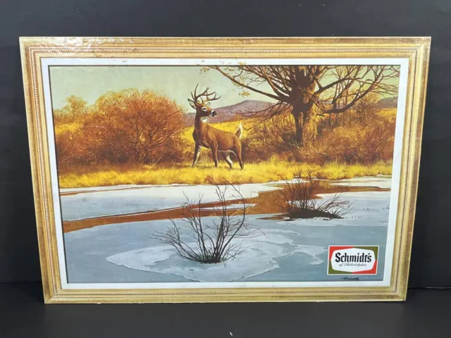 Vintage Schmidt's Beer Cardboard Bar Tavern Sign Hunting Deer Buck Scene 20x14"