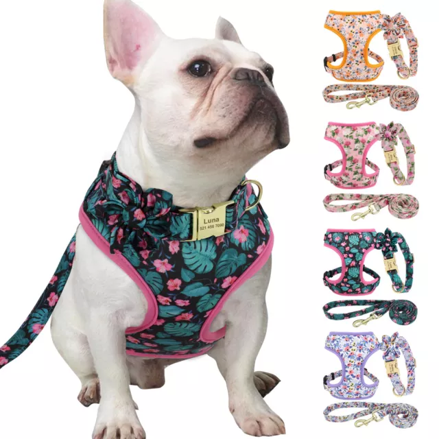 Floral Dog Harness+Personalised Name ID Collar+Walking Lead Mesh Vest Adjustable