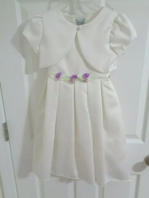 Girl's Sugar Plum Dress white size 5 embellished purple flowers First Communion