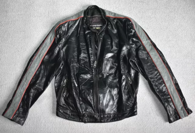 Giacca da moto vintage anni '70 HARLEY DAVIDSON AMF in pelle nera e grigia cerniera rotta 40