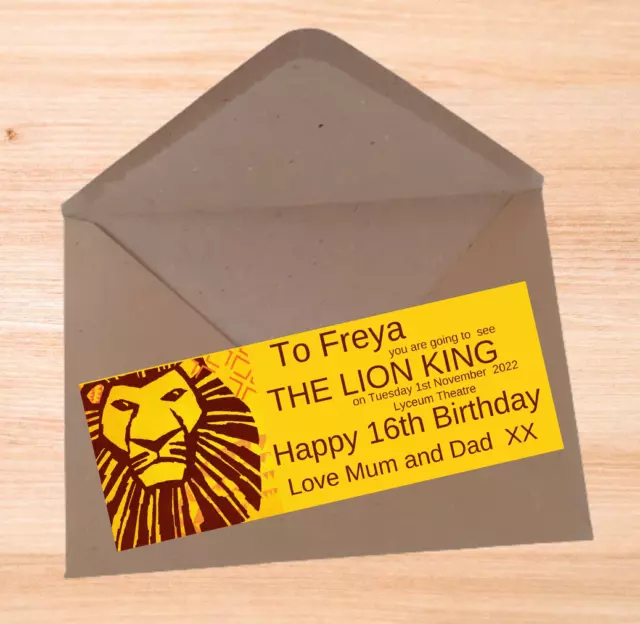 THE LION KING   Personalised  Gift Musical  Theatre Ticket Christmas Birthday