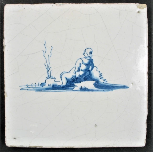 Antique Original Blue & White Delft Tile Woman Bathing in Stream 1600's Holland