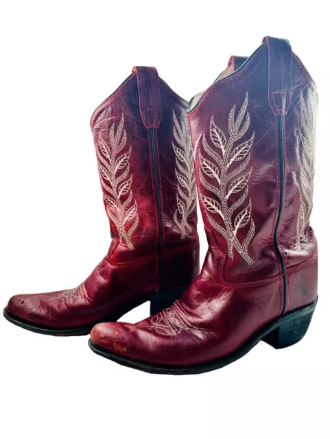 Old West Jama CF8236 Red Leather Leaf Stitch Cowboy Western Boot Shoes Youth 3