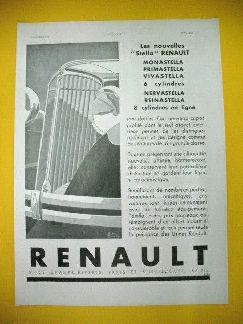 Publicite De Presse Renault Automobile Nouvelles Stella 6 Et 8 Cylindres 1931