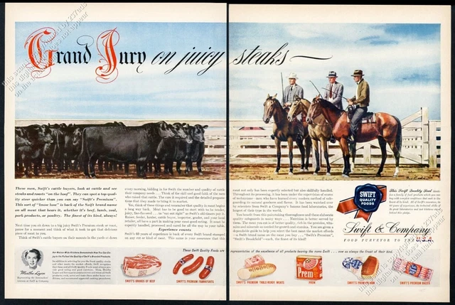 1946 black angus cattle herd art Swift meats vintage print ad