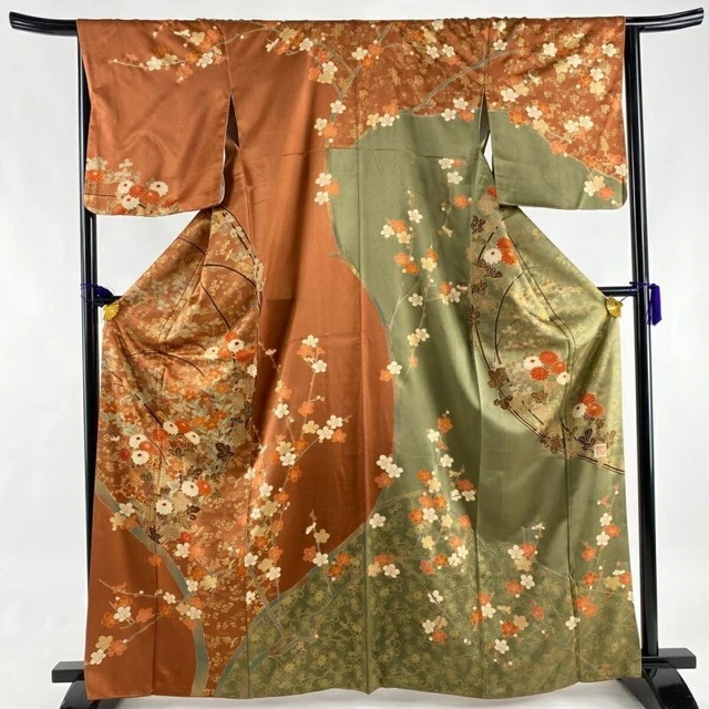 Woman Japanese Kimono Houmongi Silk Branch Plum Grass Flower Gold Thread Orange