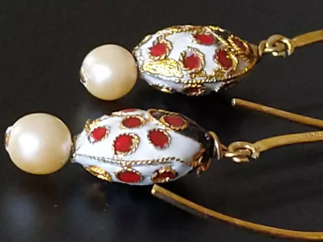 Antik Silber Gold Cloisonne Ohrringe Perlen Emaille Sterlingsilber Glücksbringer